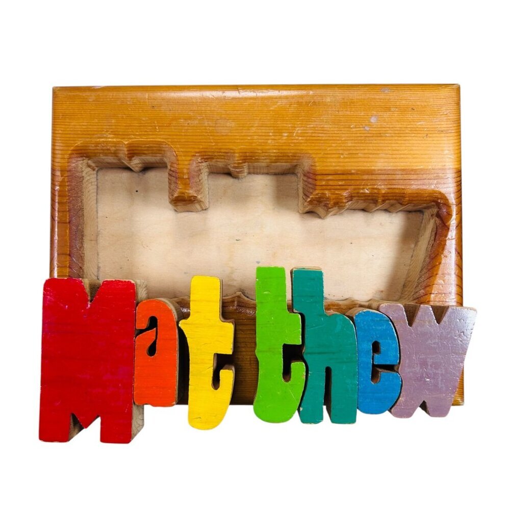 Personalized Wooden Stool Multicolor Puzzle Matthew Handcrafted - Picture 3 of 5